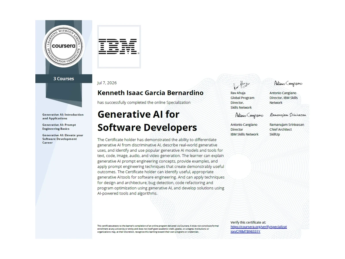 IBM Generative AI for Software Developers certificate